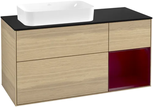 VILLEROY BOCH Toaletní skříňka Finion, s osvětlením, 3 výsuvy, 1200 x 603 x 501 mm, dubová dýha / matný lak Pivoňka / matné černé sklo #F692HBPC