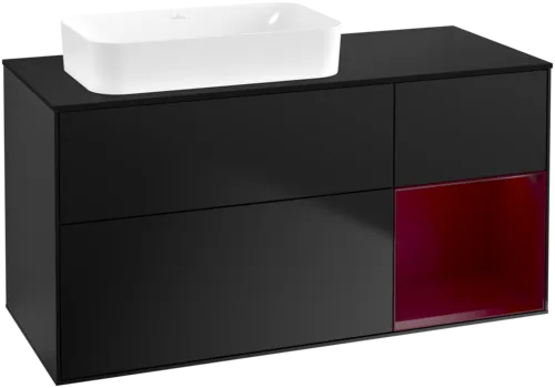 VILLEROY BOCH Toaletní skříňka Finion, s osvětlením, 3 výsuvy, 1200 x 603 x 501 mm, černý matný lak / pivoňkový matný lak / černé matné sklo #F692HBPD