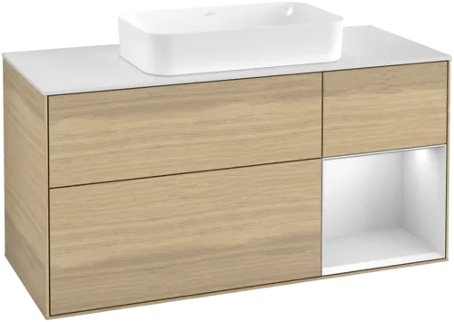 VILLEROY BOCH Toaletní skříňka Finion, s osvětlením, 3 výsuvy, 1200 x 603 x 501 mm, dubová dýha / bílý matný lak / bílé matné sklo #F711MTPC