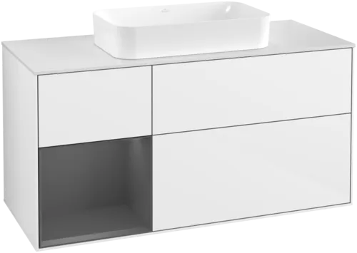 VILLEROY BOCH Toaletní skříňka Finion, s osvětlením, 3 výsuvy, 1200 x 603 x 501 mm, lesklý bílý lak / antracitový matný lak / bílé matné sklo #F701GKGF