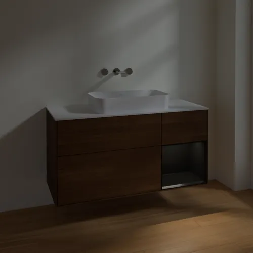 VILLEROY BOCH Toaletní skříňka Finion, s osvětlením, 3 výsuvy, 1200 x 603 x 501 mm, ořechová dýha / černý matný lak / sklo bílé matné #F711PDGN, obrázek 3