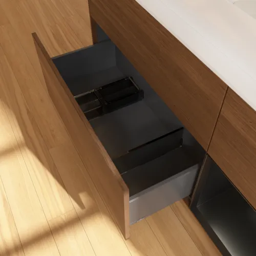 VILLEROY BOCH Toaletní skříňka Finion, s osvětlením, 3 výsuvy, 1200 x 603 x 501 mm, ořechová dýha / černý matný lak / sklo bílé matné #F711PDGN, obrázek 4
