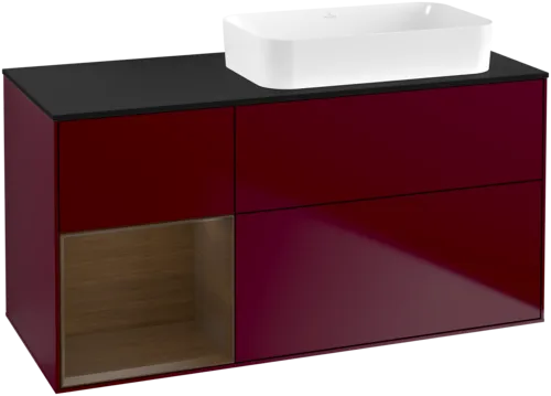 VILLEROY BOCH Toaletní skříňka Finion, s osvětlením, 3 výsuvy, 1200 x 603 x 501 mm, matný lak Peony / ořechová dýha / černé matné sklo #F682GNHB