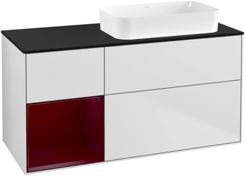 VILLEROY BOCH Toaletní skříňka Finion, s osvětlením, 3 výsuvy, 1200 x 603 x 501 mm, bílý matný lak / pivoňkový matný lak / černé matné sklo #F682HBMT