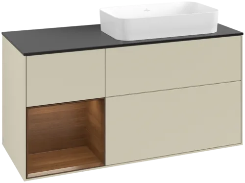 VILLEROY BOCH Toaletní skříňka Finion, s osvětlením, 3 výsuvy, 1200 x 603 x 501 mm, hedvábně šedý matný lak / ořechová dýha / černé matné sklo #F682GNHJ