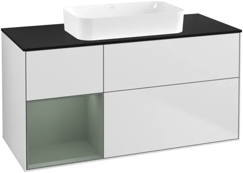 VILLEROY BOCH Toaletní skříňka Finion, s osvětlením, 3 výsuvy, 1200 x 603 x 501 mm, bílý matný lak / olivový matný lak / černé matné sklo #F702GMMT