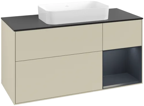 VILLEROY BOCH Toaletní skříňka Finion, s osvětlením, 3 výsuvy, 1200 x 603 x 501 mm, Silk Grey Matt Lacquer / Midnight Blue Matt Lacquer / Glass Black Matt #F712HGHJ
