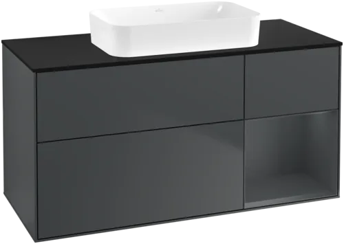VILLEROY BOCH Toaletní skříňka Finion, s osvětlením, 3 výsuvy, 1200 x 603 x 501 mm, Midnight Blue Matt Lacquer / Midnight Blue Matt Lacquer / Glass Black Matt #F712HGHG