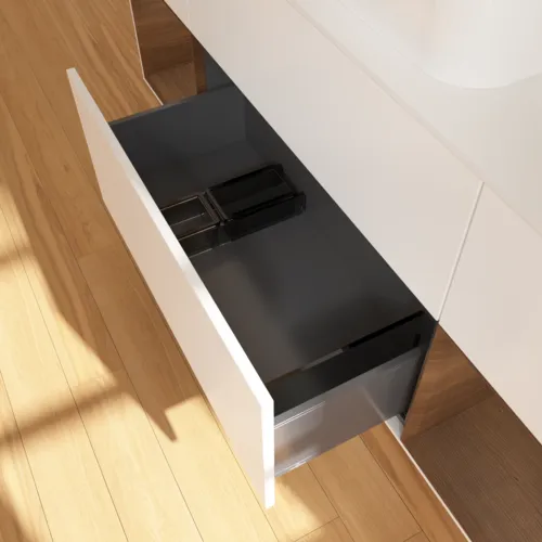 VILLEROY BOCH Toaletní skříňka Finion, s osvětlením, 4 výsuvy, 1600 x 603 x 501 mm, bílý matný lak / ořechová dýha / sklo bílé matné #F741GNMT, obrázek 7
