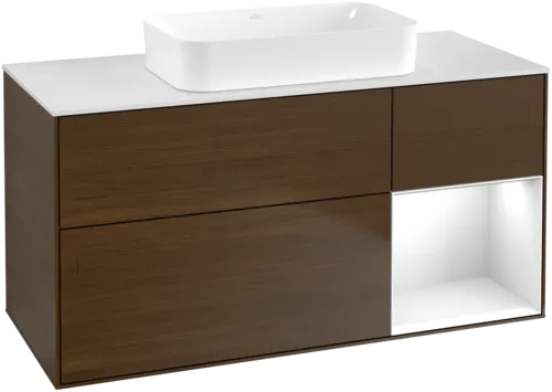 VILLEROY BOCH Toaletní skříňka Finion, s osvětlením, 3 výsuvy, 1200 x 603 x 501 mm, ořechová dýha / lesklý bílý lak / sklo bílé matné #F711GFGN