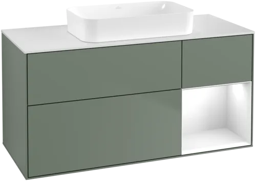 VILLEROY BOCH Toaletní skříňka Finion, s osvětlením, 3 výsuvy, 1200 x 603 x 501 mm, olivově matný lak / lesklý bílý lak / sklo bílé matné #F711GFGM