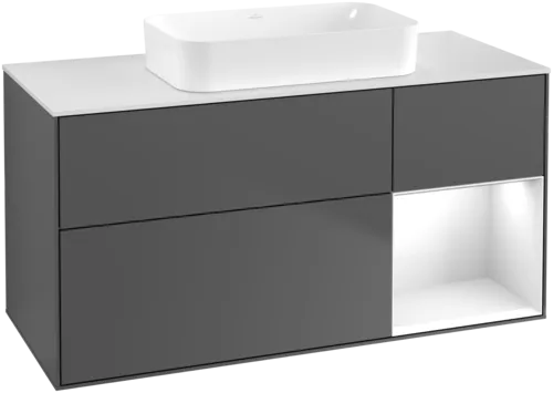 VILLEROY BOCH Toaletní skříňka Finion, s osvětlením, 3 výsuvy, 1200 x 603 x 501 mm, antracit matný lak / lesklý bílý lak / sklo bílé matné #F711GFGK