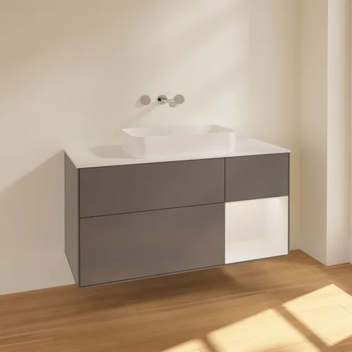 VILLEROY BOCH Toaletní skříňka Finion, s osvětlením, 3 výsuvy, 1200 x 603 x 501 mm, antracit matný lak / lesklý bílý lak / sklo bílé matné #F711GFGK, obrázek 2