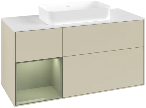 VILLEROY BOCH Toaletní skříňka Finion, s osvětlením, 3 výsuvy, 1200 x 603 x 501 mm, hedvábně šedý matný lak / olivový matný lak / bílé matné sklo #F701GMHJ