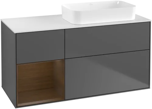 VILLEROY BOCH Toaletní skříňka Finion, s osvětlením, 3 výsuvy, 1200 x 603 x 501 mm, antracit matný lak / ořechová dýha / sklo bílé matné #F681GNGK