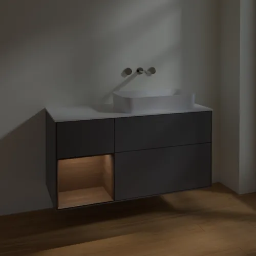 VILLEROY BOCH Toaletní skříňka Finion, s osvětlením, 3 výsuvy, 1200 x 603 x 501 mm, antracit matný lak / ořechová dýha / sklo bílé matné #F681GNGK, obrázek 4