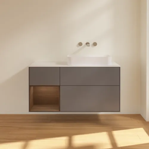 VILLEROY BOCH Toaletní skříňka Finion, s osvětlením, 3 výsuvy, 1200 x 603 x 501 mm, antracit matný lak / ořechová dýha / sklo bílé matné #F681GNGK, obrázek 3