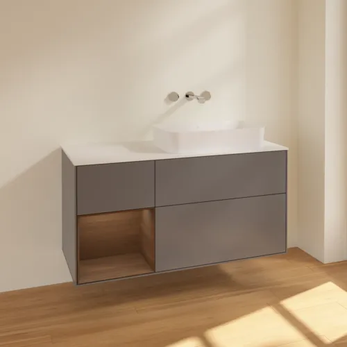 VILLEROY BOCH Toaletní skříňka Finion, s osvětlením, 3 výsuvy, 1200 x 603 x 501 mm, antracit matný lak / ořechová dýha / sklo bílé matné #F681GNGK, obrázek 2