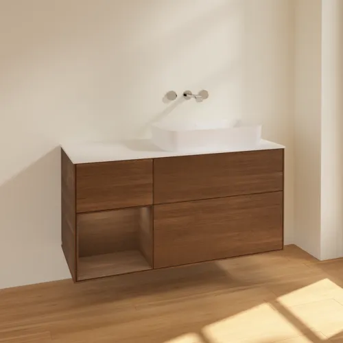 VILLEROY BOCH Toaletní skříňka Finion, s osvětlením, 3 výsuvy, 1200 x 603 x 501 mm, ořechová dýha / ořechová dýha / sklo bílé matné #F681GNGN, obrázek 2
