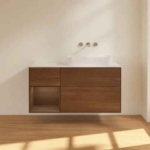 VILLEROY BOCH Toaletní skříňka Finion, s osvětlením, 3 výsuvy, 1200 x 603 x 501 mm, ořechová dýha / ořechová dýha / sklo bílé matné #F681GNGN, obrázek 3