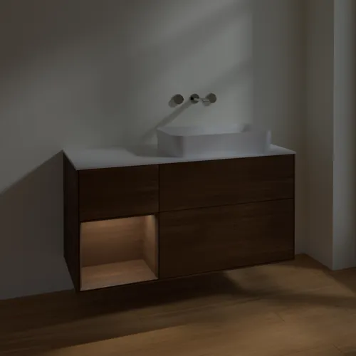 VILLEROY BOCH Toaletní skříňka Finion, s osvětlením, 3 výsuvy, 1200 x 603 x 501 mm, ořechová dýha / ořechová dýha / sklo bílé matné #F681GNGN, obrázek 5