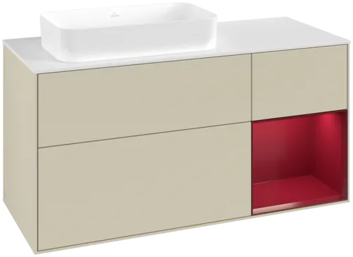 VILLEROY BOCH Toaletní skříňka Finion, s osvětlením, 3 výsuvy, 1200 x 603 x 501 mm, Silk Grey Matt Lacquer / Peony Matt Lacquer / Glass White Matt #F691HBHJ