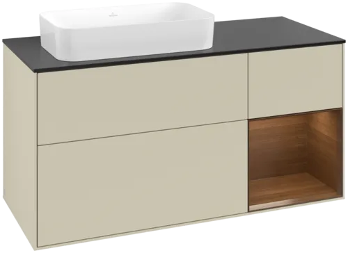 VILLEROY BOCH Toaletní skříňka Finion, s osvětlením, 3 výsuvy, 1200 x 603 x 501 mm, hedvábně šedý matný lak / ořechová dýha / černé matné sklo #F692GNHJ