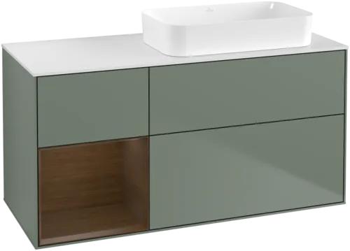 VILLEROY BOCH Toaletní skříňka Finion, s osvětlením, 3 výsuvy, 1200 x 603 x 501 mm, olivový matný lak / ořechová dýha / sklo bílé matné #F681GNGM
