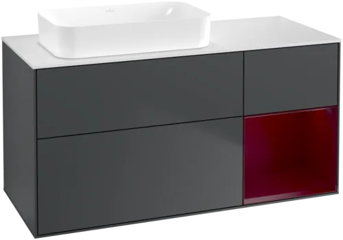 VILLEROY BOCH Toaletní skříňka Finion, s osvětlením, 3 výsuvy, 1200 x 603 x 501 mm, Midnight Blue Matt Lacquer / Peony Matt Lacquer / Glass White Matt #F691HBHG