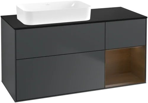 VILLEROY BOCH Toaletní skříňka Finion, s osvětlením, 3 výsuvy, 1200 x 603 x 501 mm, půlnočně modrý matný lak / ořechová dýha / černé matné sklo #F692GNHG