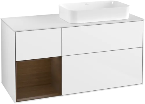 VILLEROY BOCH Toaletní skříňka Finion, s osvětlením, 3 výsuvy, 1200 x 603 x 501 mm, lesklý bílý lak / ořechová dýha / sklo bílé matné #F681GNGF