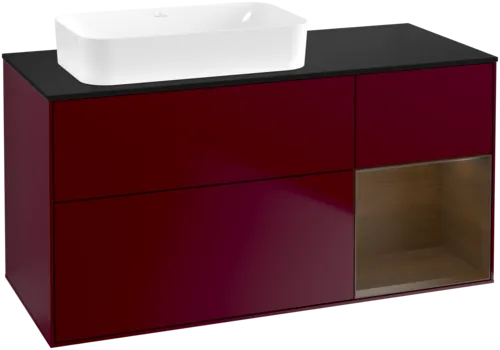 VILLEROY BOCH Toaletní skříňka Finion, s osvětlením, 3 výsuvy, 1200 x 603 x 501 mm, matný lak Peony / ořechová dýha / černé matné sklo #F692GNHB