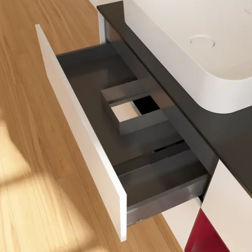 VILLEROY BOCH Toaletní skříňka Finion, s osvětlením, 3 výsuvy, 1200 x 603 x 501 mm, bílý matný lak / pivoňkový matný lak / černé matné sklo #F692HBMT, obrázek 5