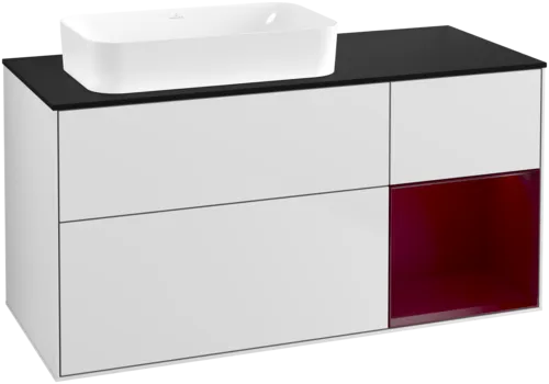 VILLEROY BOCH Toaletní skříňka Finion, s osvětlením, 3 výsuvy, 1200 x 603 x 501 mm, bílý matný lak / pivoňkový matný lak / černé matné sklo #F692HBMT