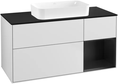 VILLEROY BOCH Toaletní skříňka Finion, s osvětlením, 3 výsuvy, 1200 x 603 x 501 mm, bílý matný lak / černý matný lak / černé matné sklo #F712PDMT