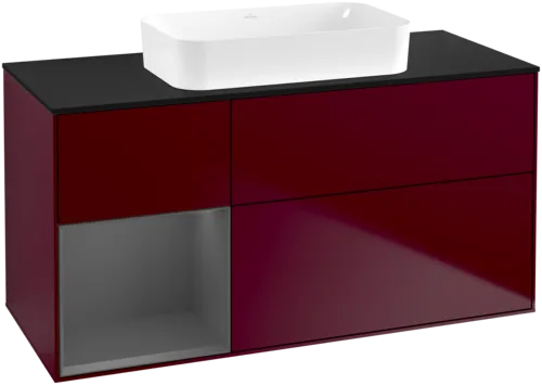 VILLEROY BOCH Toaletní skříňka Finion, s osvětlením, 3 výsuvy, 1200 x 603 x 501 mm, Pivoňka matný lak / Antracit matný lak / Sklo černé matné #F702GKHB
