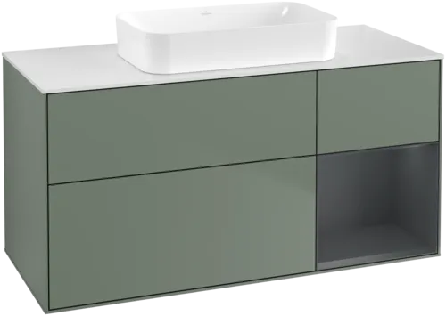 VILLEROY BOCH Toaletní skříňka Finion, s osvětlením, 3 výsuvy, 1200 x 603 x 501 mm, olivový matný lak / půlnoční modrý matný lak / bílé matné sklo #F711HGGM