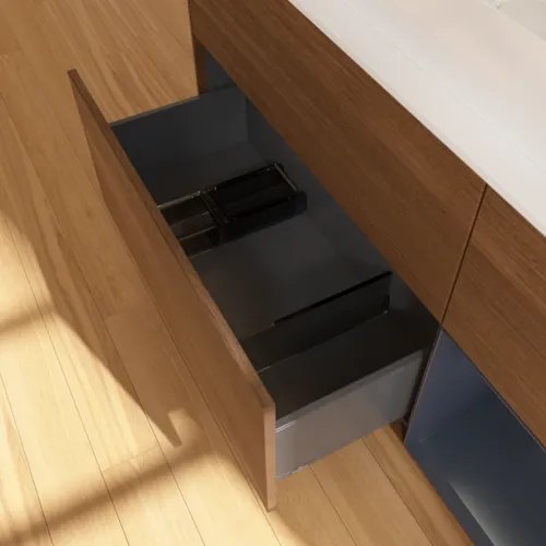 VILLEROY BOCH Toaletní skříňka Finion, s osvětlením, 3 výsuvy, 1200 x 603 x 501 mm, ořechová dýha / půlnočně modrý matný lak / sklo bílé matné #F711HGGN, obrázek 4