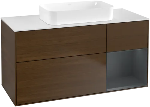 VILLEROY BOCH Toaletní skříňka Finion, s osvětlením, 3 výsuvy, 1200 x 603 x 501 mm, ořechová dýha / půlnočně modrý matný lak / sklo bílé matné #F711HGGN