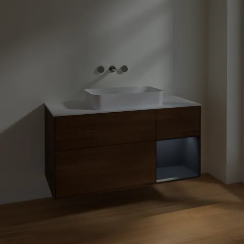 VILLEROY BOCH Toaletní skříňka Finion, s osvětlením, 3 výsuvy, 1200 x 603 x 501 mm, ořechová dýha / půlnočně modrý matný lak / sklo bílé matné #F711HGGN, obrázek 3