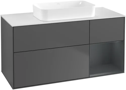 VILLEROY BOCH Toaletní skříňka Finion, s osvětlením, 3 výsuvy, 1200 x 603 x 501 mm, antracitový matný lak / půlnoční modrý matný lak / bílé matné sklo #F711HGGK