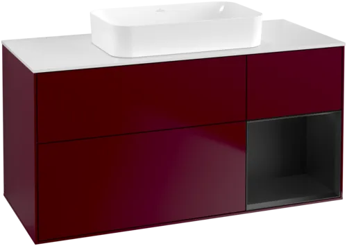VILLEROY BOCH Toaletní skříňka Finion, s osvětlením, 3 výsuvy, 1200 x 603 x 501 mm, Pivoňka matný lak / Černý matný lak / Sklo bílé matné #F711PDHB