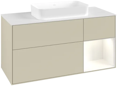 VILLEROY BOCH Toaletní skříňka Finion, s osvětlením, 3 výsuvy, 1200 x 603 x 501 mm, hedvábně šedý matný lak / lesklý bílý lak / bílé matné sklo #F711GFHJ