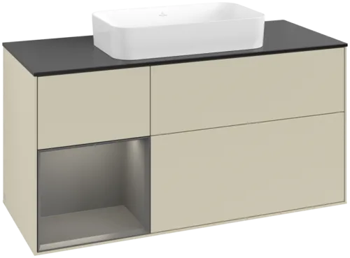 VILLEROY BOCH Toaletní skříňka Finion, s osvětlením, 3 výsuvy, 1200 x 603 x 501 mm, hedvábně šedý matný lak / antracitový matný lak / černé matné sklo #F702GKHJ