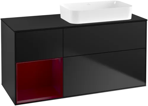 VILLEROY BOCH Toaletní skříňka Finion, s osvětlením, 3 výsuvy, 1200 x 603 x 501 mm, černý matný lak / pivoňkový matný lak / černé matné sklo #F682HBPD