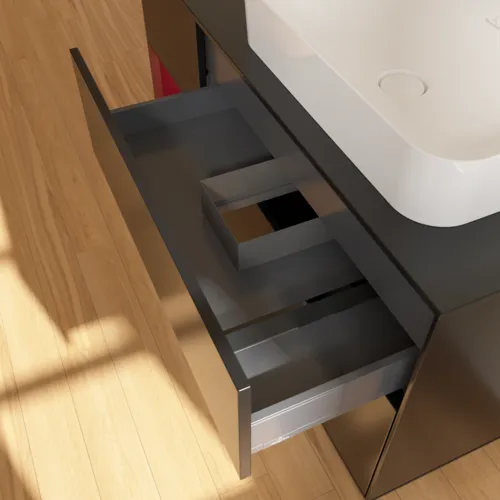 VILLEROY BOCH Toaletní skříňka Finion, s osvětlením, 3 výsuvy, 1200 x 603 x 501 mm, černý matný lak / pivoňkový matný lak / černé matné sklo #F682HBPD, obrázek 7