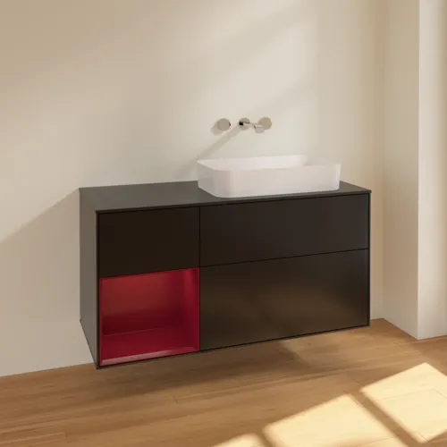 VILLEROY BOCH Toaletní skříňka Finion, s osvětlením, 3 výsuvy, 1200 x 603 x 501 mm, černý matný lak / pivoňkový matný lak / černé matné sklo #F682HBPD, obrázek 2