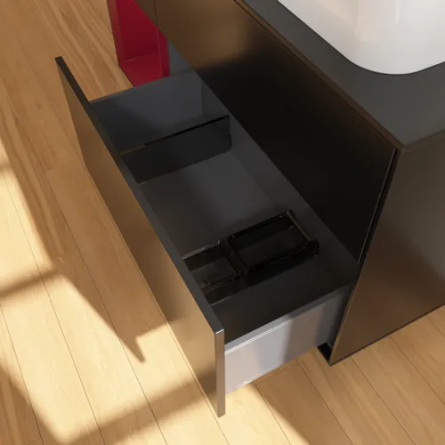 VILLEROY BOCH Toaletní skříňka Finion, s osvětlením, 3 výsuvy, 1200 x 603 x 501 mm, černý matný lak / pivoňkový matný lak / černé matné sklo #F682HBPD, obrázek 6