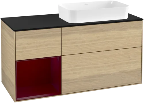 VILLEROY BOCH Toaletní skříňka Finion, s osvětlením, 3 výsuvy, 1200 x 603 x 501 mm, dubová dýha / matný lak Pivoňka / matné černé sklo #F682HBPC