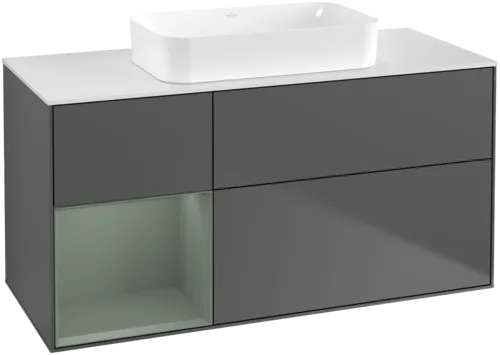 VILLEROY BOCH Toaletní skříňka Finion, s osvětlením, 3 výsuvy, 1200 x 603 x 501 mm, antracitový matný lak / olivový matný lak / bílé matné sklo #F701GMGK
